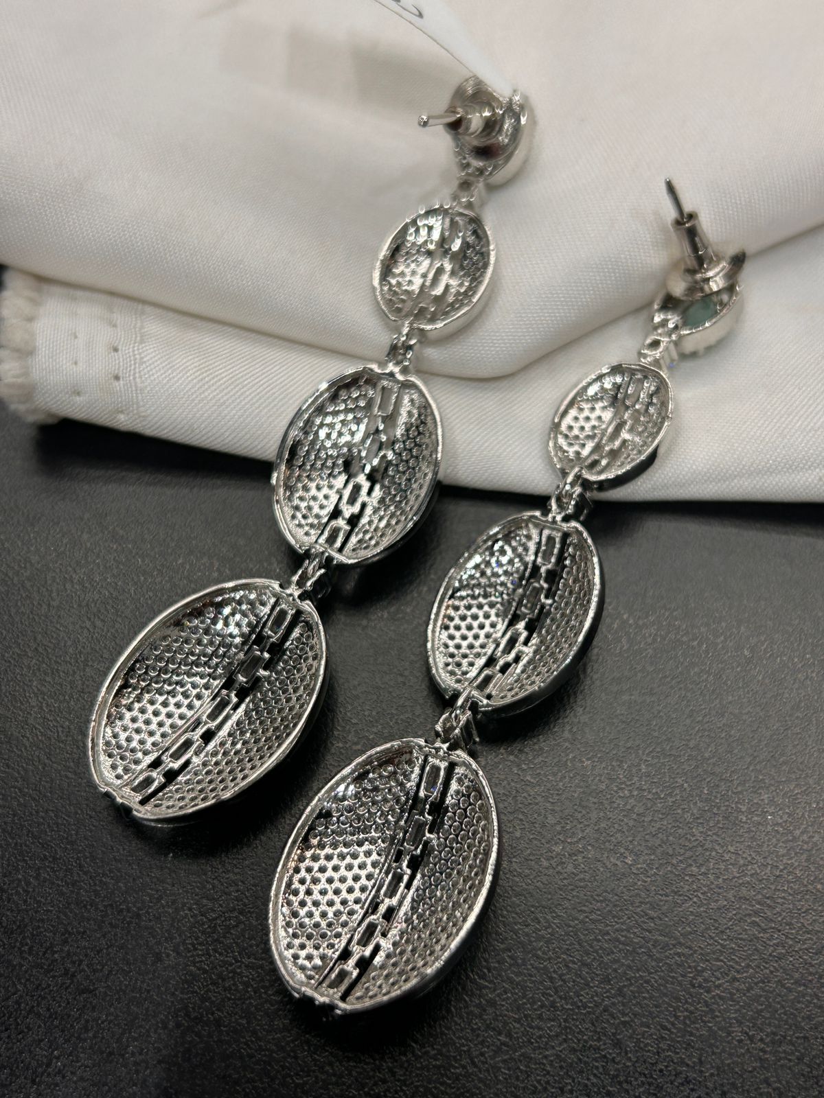 Green Stone Silver Diamond Look Long Earrings